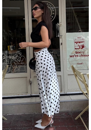 Madmext Beyaz Puantiyeli Asimetrik Kadın Etek Mg2785