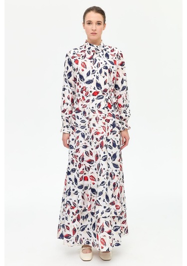 Yaprak Desenli Empirime Elbise Lacivert