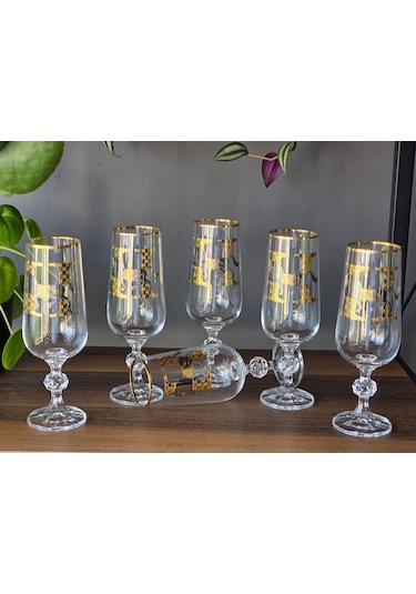 Fermato 6 'lı 24k El İşçiliği - Gerçek Altın İşlemeli 180 Cc'lik Kahve Yanı Kristal Bardak Horse Mix Çok Renkli