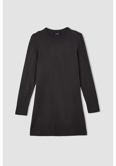 DeFacto Regular Fit Bisiklet Yaka Yırtmaçlı Basic Düz Triko Kazak Tunik H3431AZ24AUAR161 Antrasit