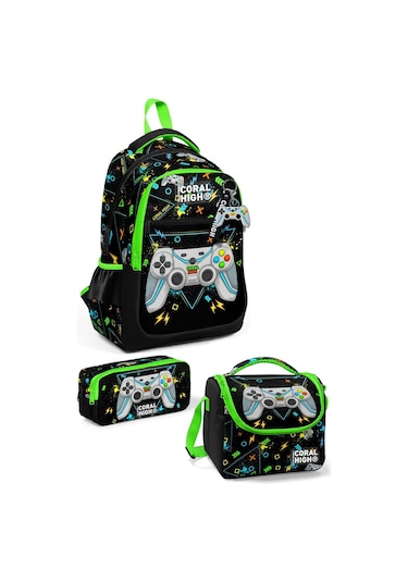 Coral High Kids Siyah Fosforlu Yeşil Gamer Desenli 3 Lü Okul Çanta Seti Set0123654