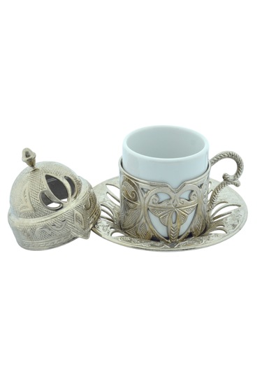 Defne 6 Kişilik 24 Parça Porselenli Gümüş Renk Kahve Fincan Seti Gümüş