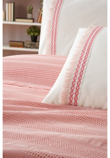 Tivoli Çift Kişilik Dantelli 4 Parça Pike Takımı Çeyizlik-melanie-kapuçino Pudra Pudra