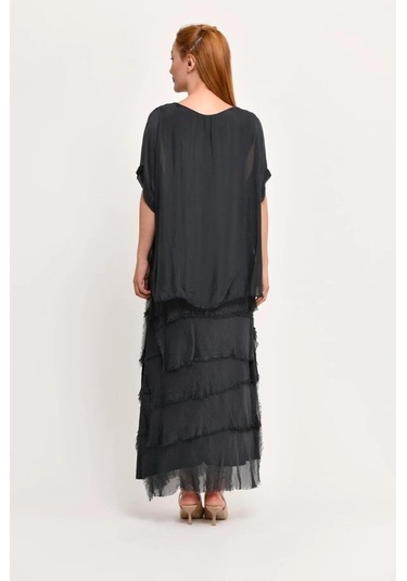 İtalyan 2 Beden İnce Gösteren Yarım Kol Kat Kat Ipek Elbise Antrasit