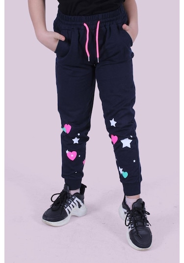 Kalp Ve Yıldız Desen Detaylı Kız Çocuk Lacivert Eşofman Altı Lacivert