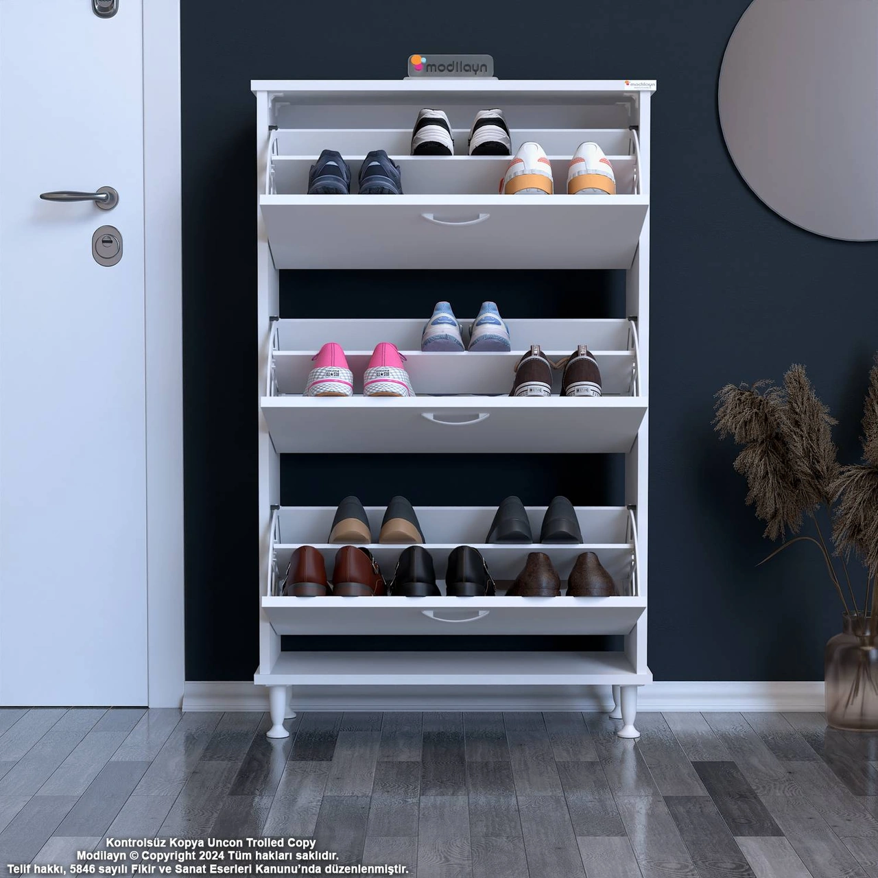 Uygar Beyaz Renk Kapı Önü Ayakkabılık 3 Düşer Kapak 6 Göz Ayakkabılık 72x119x25,5 Cm Beyaz