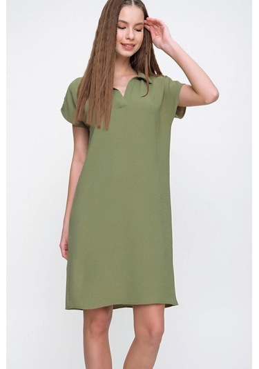Kadın Bol Kesim Polo Yaka Kısa Kollu Günlük Kısa Midi Elbise Dizüstü 2883200 Haki