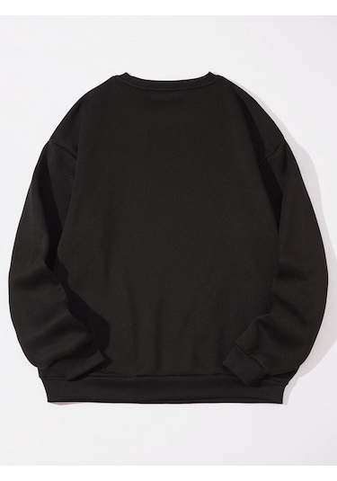 Unisex Oversize Siyah The Usa Baskılı Bisiklet Yaka Sweatshirt Koyu Siyah