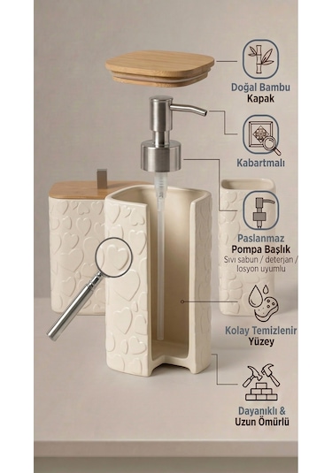 Makri Home Desenli 7 Parça Bambu Kapaklı Ve Aksesuarlı Banyo Seti Beyaz