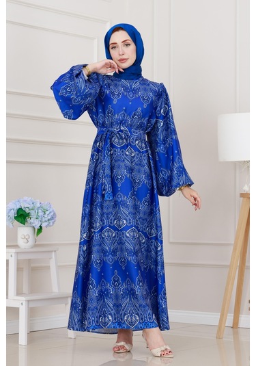 Balon Kol Saten Adel Elbise-mavi-5234 Mavi