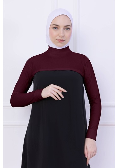 Balıkçı Yaka Boyunluklu Kolluk Bordo - Likralı Dik Yakalı Kadın Body Tesettür Crop Bolero Bordo