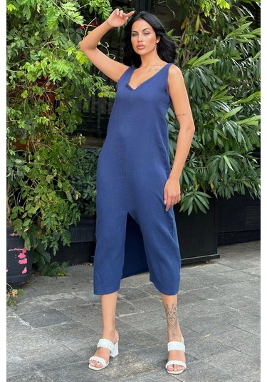 Lacivert V Yaka Uzun Salaş Elbise Lacivert