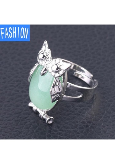 Yeşil Aventurin Metal Baykuş Dışbükey Doğal Kristal Kakma Ayarlanabilir Yüzük Çok Renkli