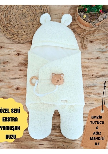 Bebek Dış Kundak Battaniyesi Pelüş Ayaklı Welsoft Uyku Tulumu Kışlık Mont Yenidoğan 0-12 Ay Ecru Ekru