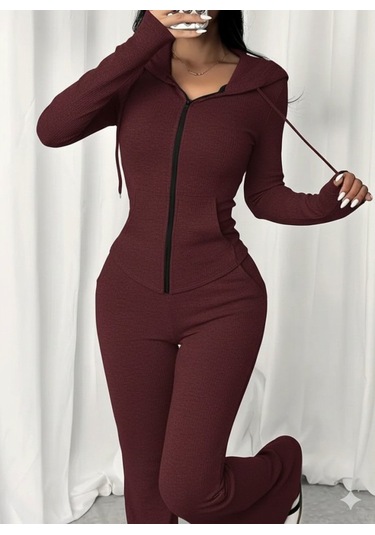 Tua Moda Kadın Uzun Kollu Kapşonlu Bağcıklı Önü Fermuarlı Viskon Iki Iplik Bluz Ve Pantolon Ikili Takım Bordo