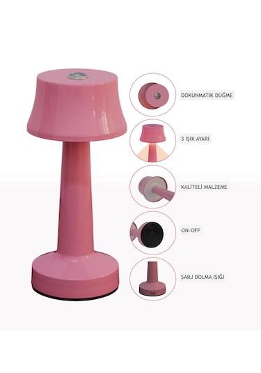 Zenlight Metal Dokunmatik Şarjlı Masa Lambası Pembe