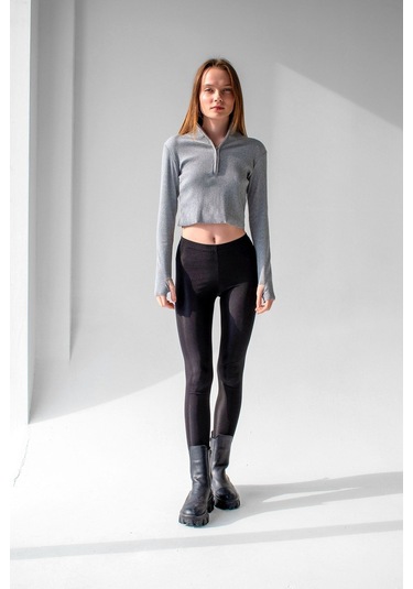 Siyah Bilek Detaylı Fermuarlı Crop Bluz Gri