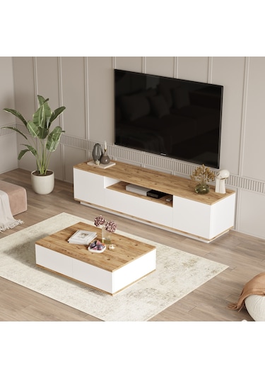 Robin Home Loft Tv Ünitesi Orta Sehpa 2'Li Set Çam-Beyaz