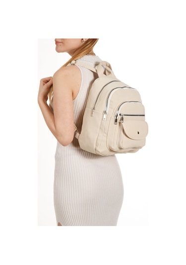Kadın Günlük Çok Bölmeli Sırt Çantası Krem