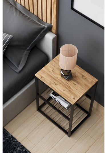 Metal Ayaklı Dekoratif Tel Raflı Komodin Atlantik Çam Atlantik Çam