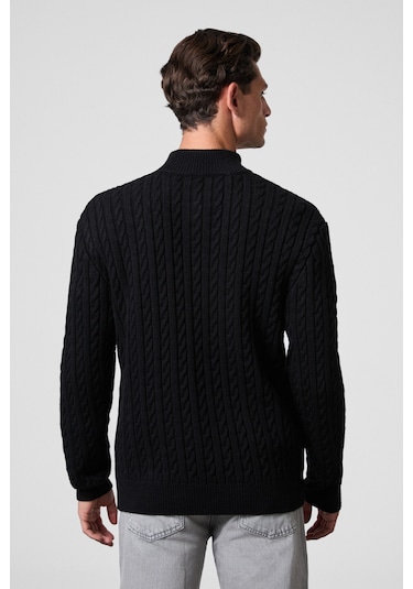 IVAR Erkek Yarım Fermuarlı Dik Yakalı Saç Örgü Desenli Triko Siyah Kazak