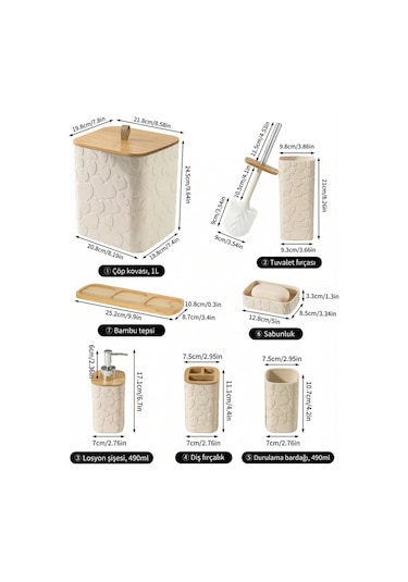 Makri Home Desenli 7 Parça Bambu Kapaklı Ve Aksesuarlı Banyo Seti Beyaz
