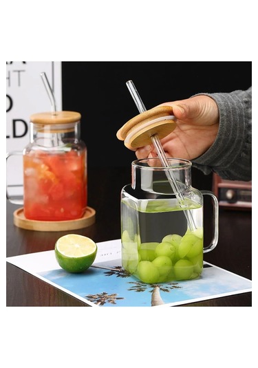Borosilikat Cam Kupa 650 Ml Bambu Kapaklı Ve Cam Pipetli Isıya Dayanıklı Bardak Şeffaf