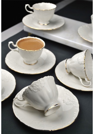6 Kişilik Porselen Kahve Fincanı Seti Gold Yaldızlı Kahve Fincan Takımı- Rosemary 90ml Beyaz