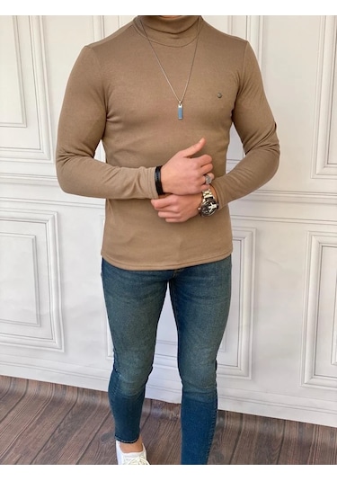 Modefendi Slim Fit A Kalite Pamuk Tam Boğazlı Kazak Sütlü Kahve