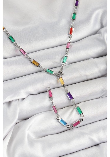 Pirinç Renkli Zirkon Taşlı Dikdörtgen Model Gümüş Renk Kadın Y Kolye Çok Renkli