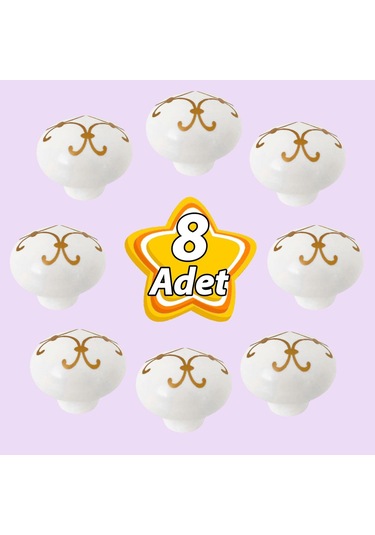 8 Adet Defne Altın Çizgili Beyaz Polimer Düğme Kulp Mantar Mobilya Mutfak Dolabı Çekmece Kulbu Kulpları