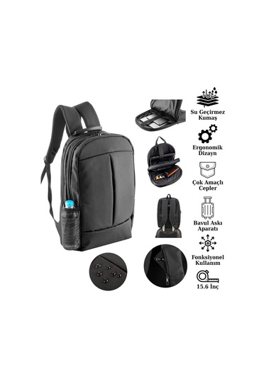 Notebook Laptop Dizüstü Bilgisayar Sırt Çantası 15.6" İnç - 602 Siyah