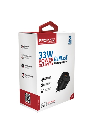 Promate PowerPort-33 Gan 33W Qualcomm Süper Hızlı Type-C PD , USB Ultra Kompakt Duvar Şarj Cihazı, Aşırı Gerilim Koruması