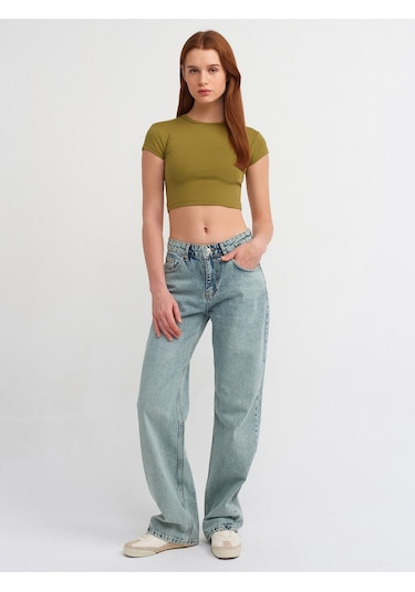 Dilvin Yıkama Efektli Denim Pantolon Yeşil