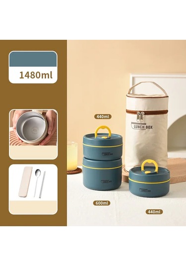 Maiyame Paslanmaz Çelik 3 Katlı Isıtmalı Yemek Kabı - 440ml + 600ml Kapasiteli, Taşınabilir Beslenme Çantası Mavi Mavi