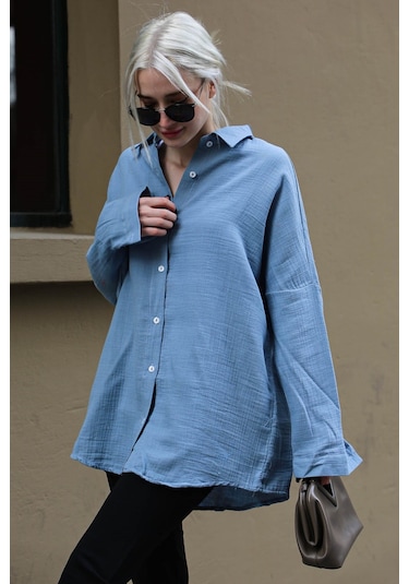 Madmext Mavi Muslin Kumaş Basic Kadın Gömlek Mg1660 Mavi