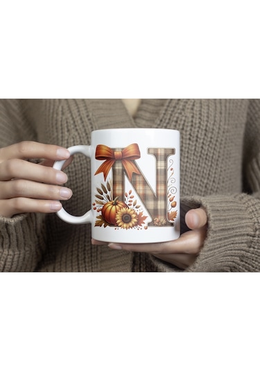 N Harfi Ekose Ve Sonbahar Temalı Kupa Bardak - Kişiye Özel Sıcak Tonlar Alfabe Kupa - Hediye Beyaz