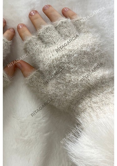 Peluş Kesik Parmak Eldiven Bej