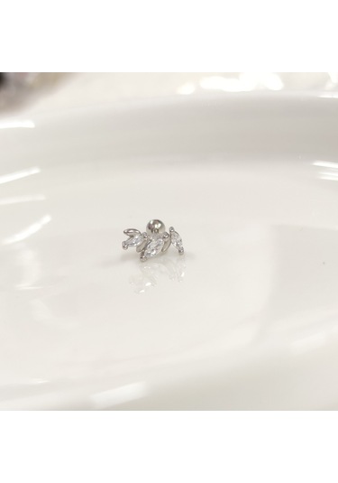 Üç Taş Mekik Gümüş Tragus Pıercıng - Rodyum Beyaz Beyaz