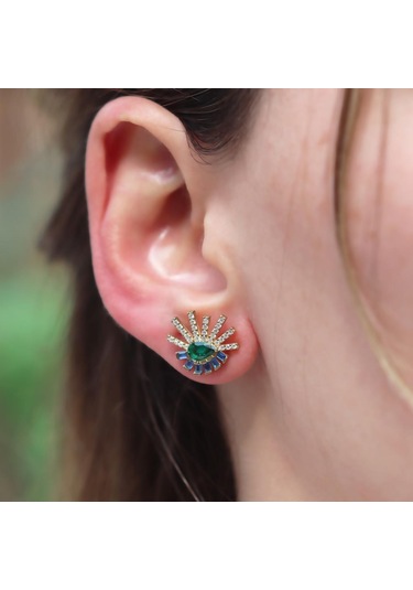 Renkli Taşlı Gold Kaplama Göz Gümüş Küpe Gümüş