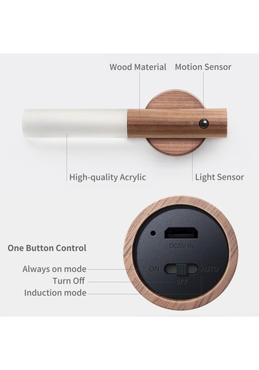 Willowhaven Usb Şarjlı Ahşap Gece Lambası - Hareket Sensörlü, Manyetik Tabanlı, Haki Haki