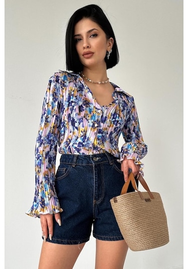 Lila Piliseli Çiçek Desen Gömlek Lila