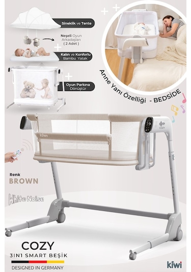 Kiwi Cozy Premium 3in1 Ağlamaya Duyarlı, Otomatik Sallanır, Anne Yanı Beşik, Park Yatak Ve Oyun Parkı