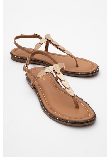 Marea Taba Hakiki Deri Parmak Arası Gold Tokalı Kadın Sandalet Taba