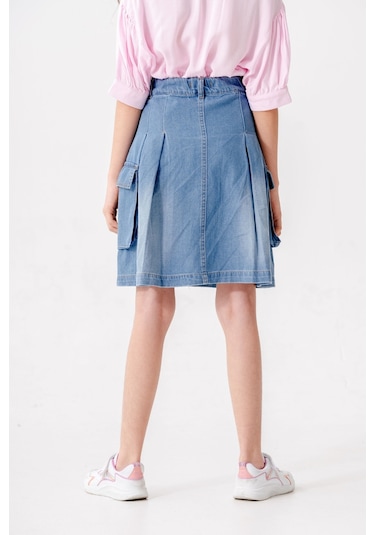 Kız Çocuk Pileli Körük Cepli Kot Etek 2604 Mavi