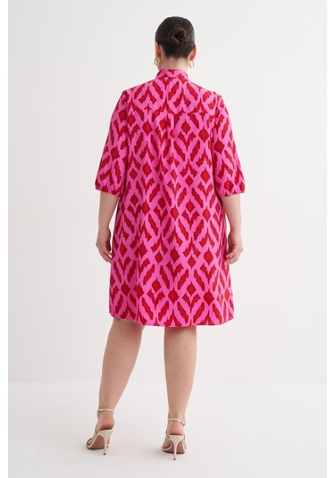 Desenli Fular Yaka Elbise-6232 Pembe