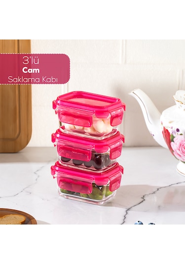 Porsima 4374 3lü Kilitli Sızdırmaz Kapaklı Yiyecek Erzak Saklama Kabı Seti - Cam Saklama Kabı - 150ml Pembe Pembe