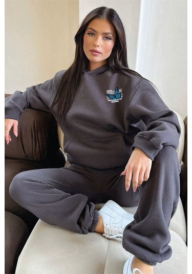 Kelebek Kışlık Eşofman Takımı - Füme Baskılı Kapüşonlu Oversize Füme