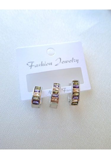 Renkli Baget Taşlı Halka Küpe Gümüş