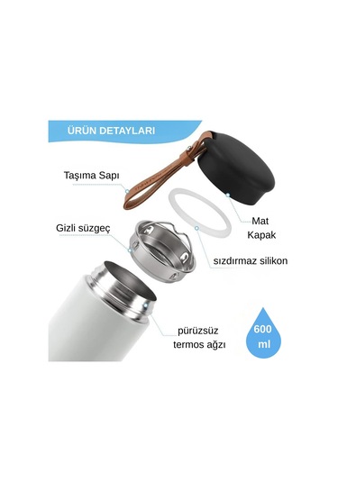 600 Ml Paslanmaz Çelik Termos, Çift Katmanlı, Sızdırmaz Kapaklı Mint